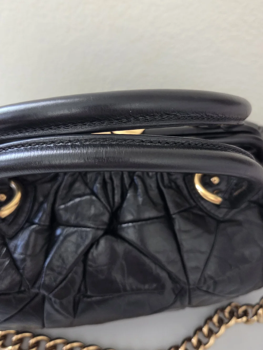 Black Quilted Leather Satchel with Gold Chain